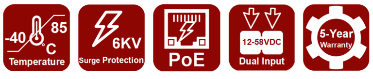 AOA Tech Industrial Switch Feature Icons_Wide Temp_PoE_5-Year Warranty