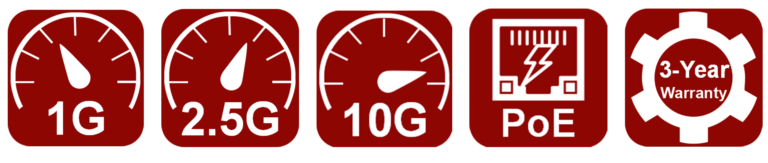 AOA Tech_Media Converter Feature Icons_2.5G_10G_PoE_3-Year Warranty