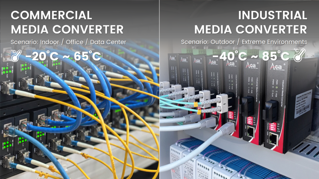 Comparison between AOA Technology commercial media converter for indoor office use and industrial media converter for outdoor extreme environments with operating temperature from -40°C to 85°C.