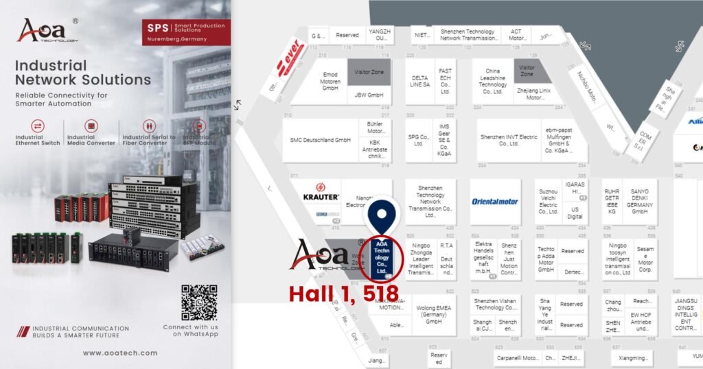 AOA Technology industrial ethernet switch supplier booth at SPS 2026 Nuremberg, Hall 1 Stand 518